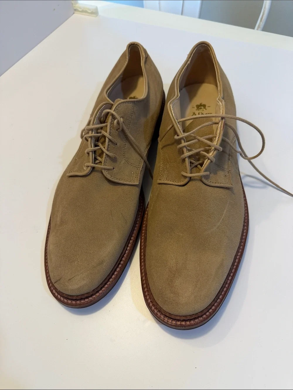 Alden Plain Toe Blucher Flex Welt Tan Suede Sz 12.  New/Flawed.  Tub10